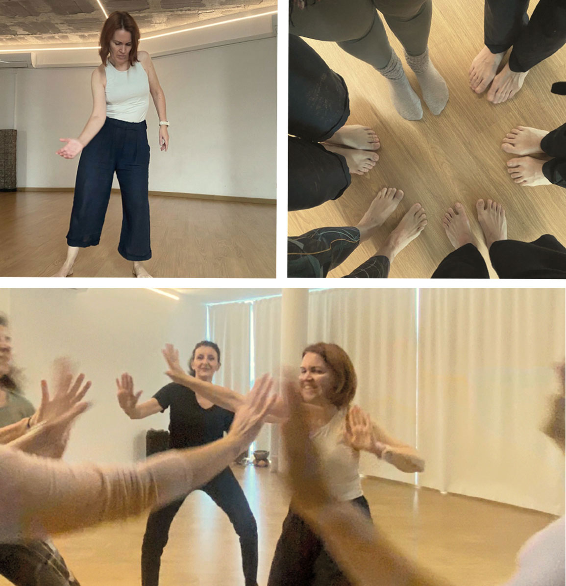 Imágenes de talleres de movimiento expresivo en Mallorca, destacando la conexión grupal, la autoexpresión y el desbloqueo energético.